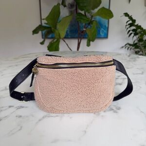 Clare V Fanny Pack Teddy Fleece & Leather Belt Bag Beige Tan Black